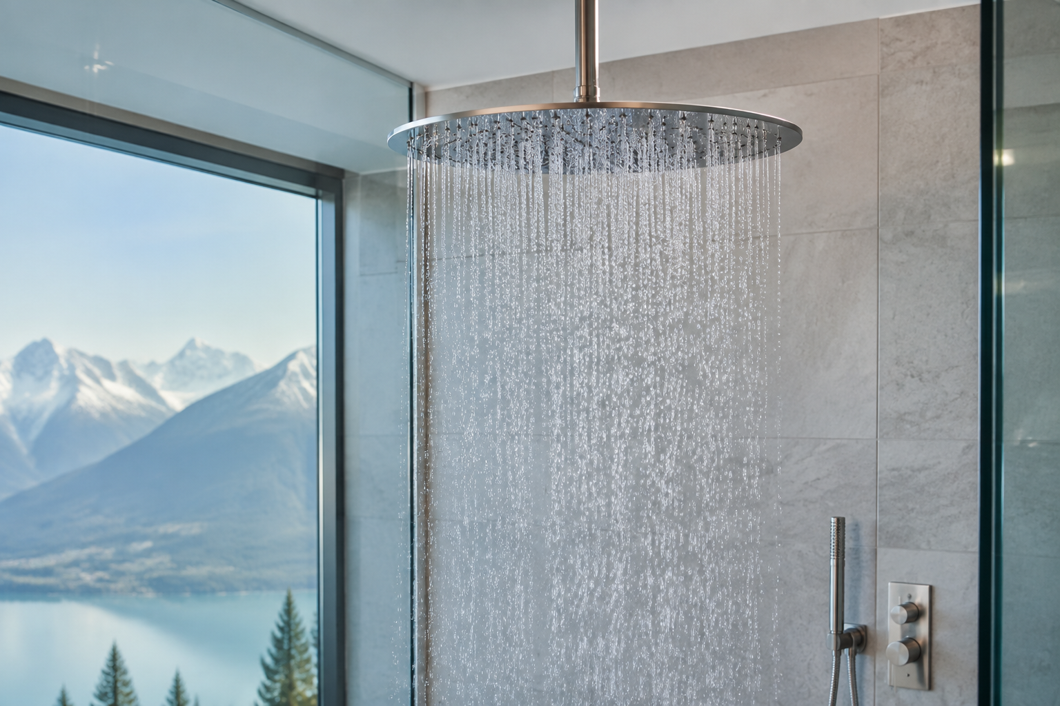 Laufende Regendusche in einem hellen Badezimmer