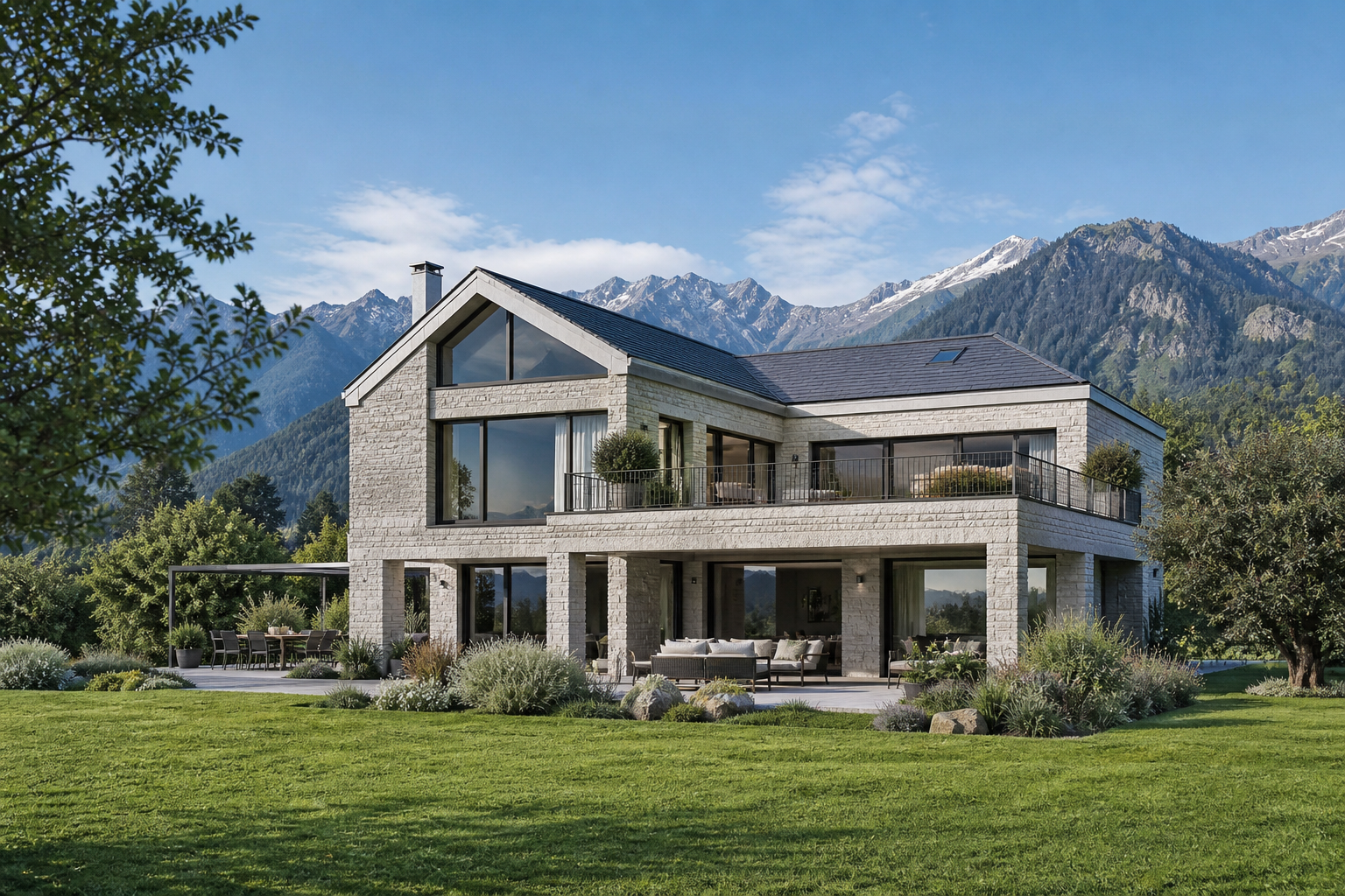 Modernes Haus in einer Alpenlandschaft
