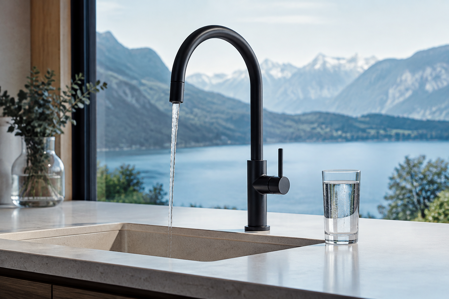 Fliessendes klares Wasser und ein Glas am Wasserhahn
